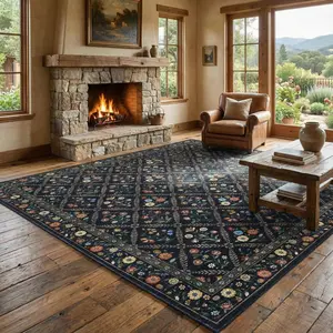 Garvee 8x10 Washable Large Living Room Rug, Water Resistant, Distressed Vintage Floral Design, Non-Slip, Low Pile, Soft Texture for Bedroom, Farmhouse, Dining Room, Playroom, Nursery in Navy & Black