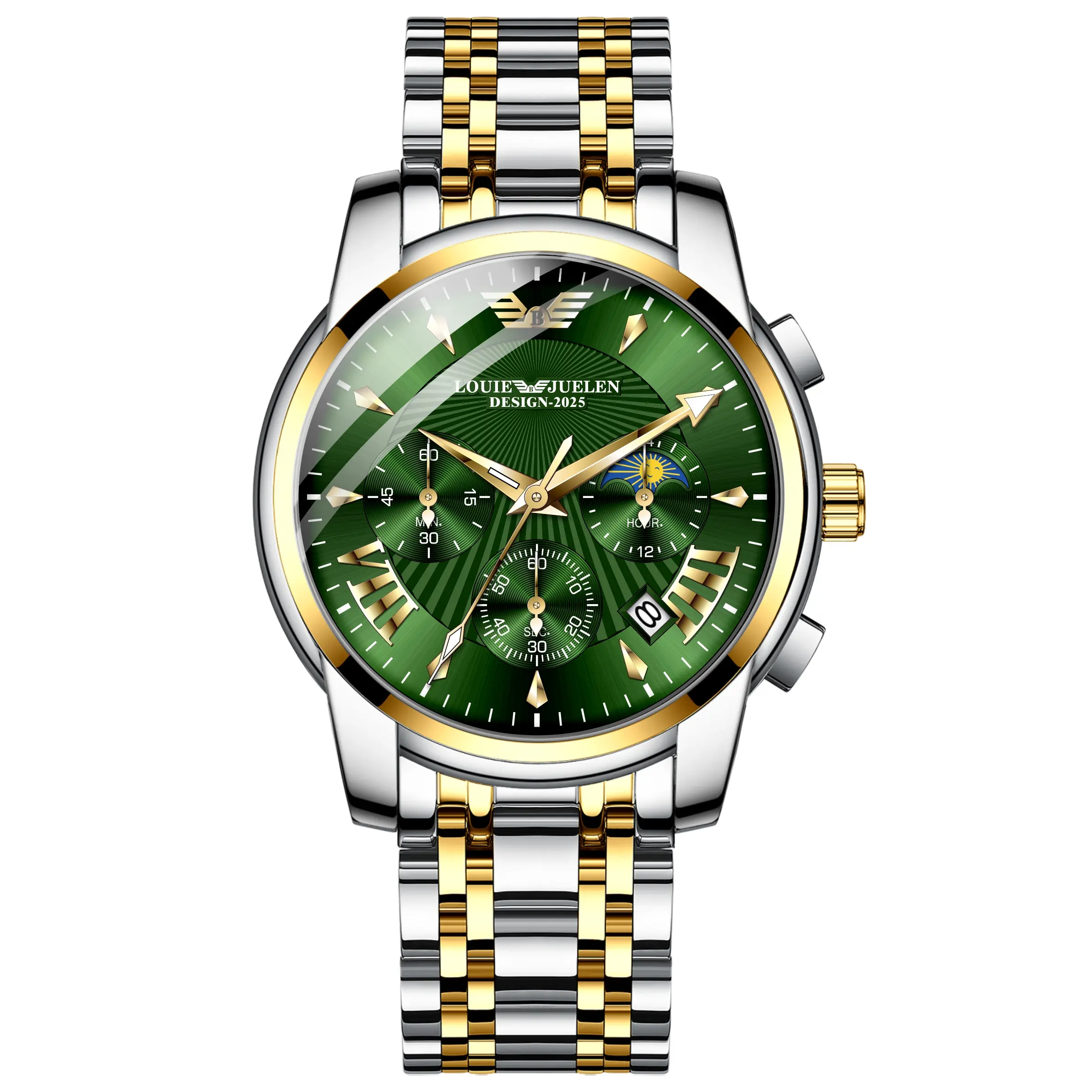Louie Juelen Men's Swiss Precision Watch with Sapphire Crystal, 40mm Round Metal Case, Water-Resistant Stainless Steel Bracelet, Chic, Men's Accessories, Shock Resistant, Luminous, Watches, Round Face, Business/Social, Male Watch, 3 Years