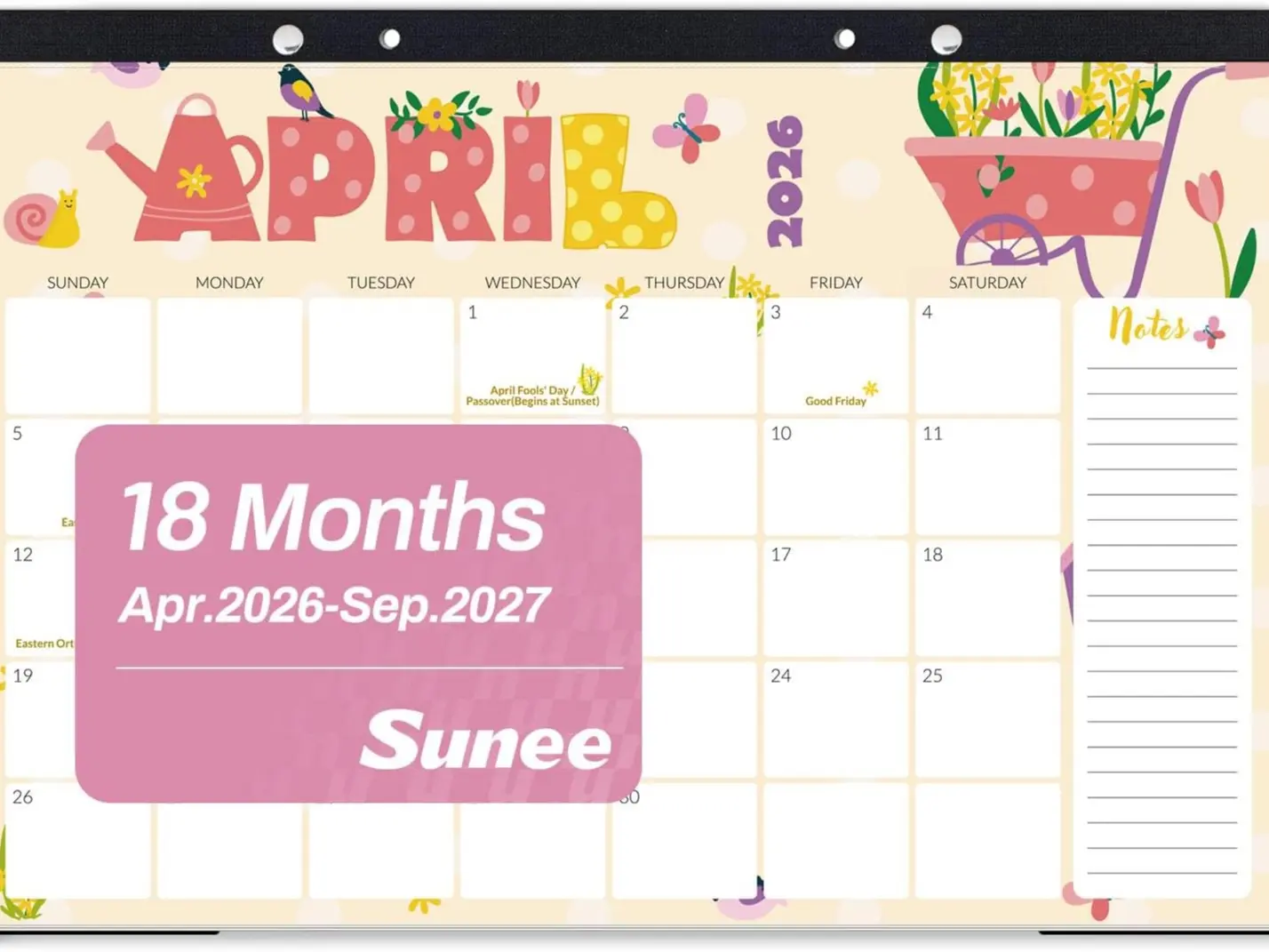 SUNEE Desk Calendar 2026 17x12, 18 Months, Apr. 2026 to Sep. 2027, Academic Calendar 2026-2027, School Year Large Desktop Calendar Monthly for Teacher, Cute with Note