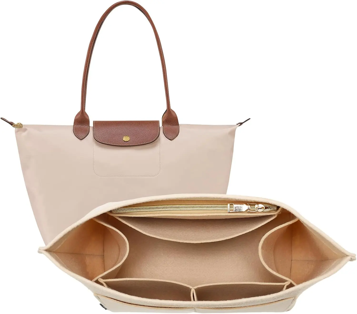 Purse Organizer Insert for Longchamp Le Pliage, Premium Felt Long Champ Bag Handbag Women, Tote Organizer Insert with 9 Compartments (Medium, Beige)