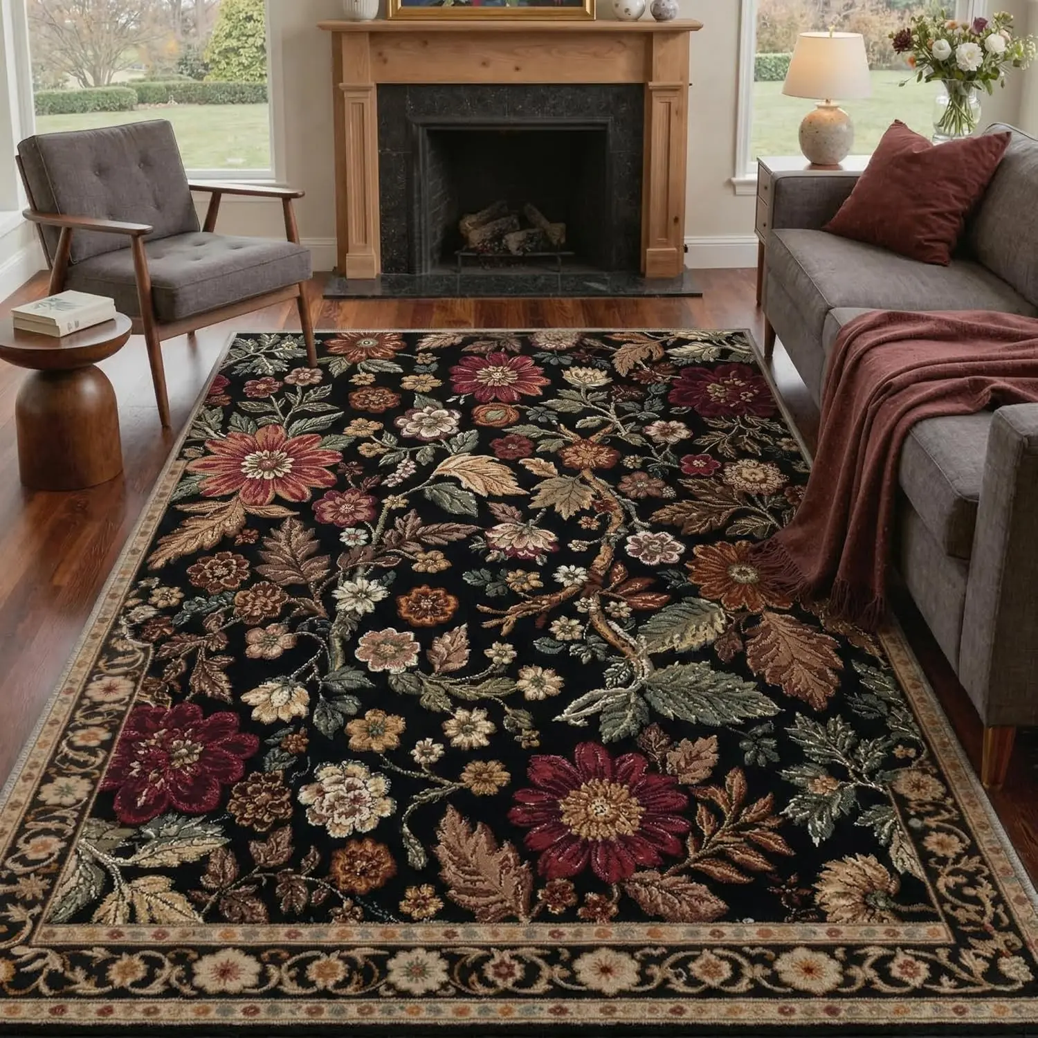 【Deals For You Days】BEIMO Area Rugs for Living Room Machine Washable, Non Slip Low Pile Soft Boho Floral Rugs, Daisy Flower Vintage Carpet for Bedroom Dining Room Office, Black/Burgundy-Multi