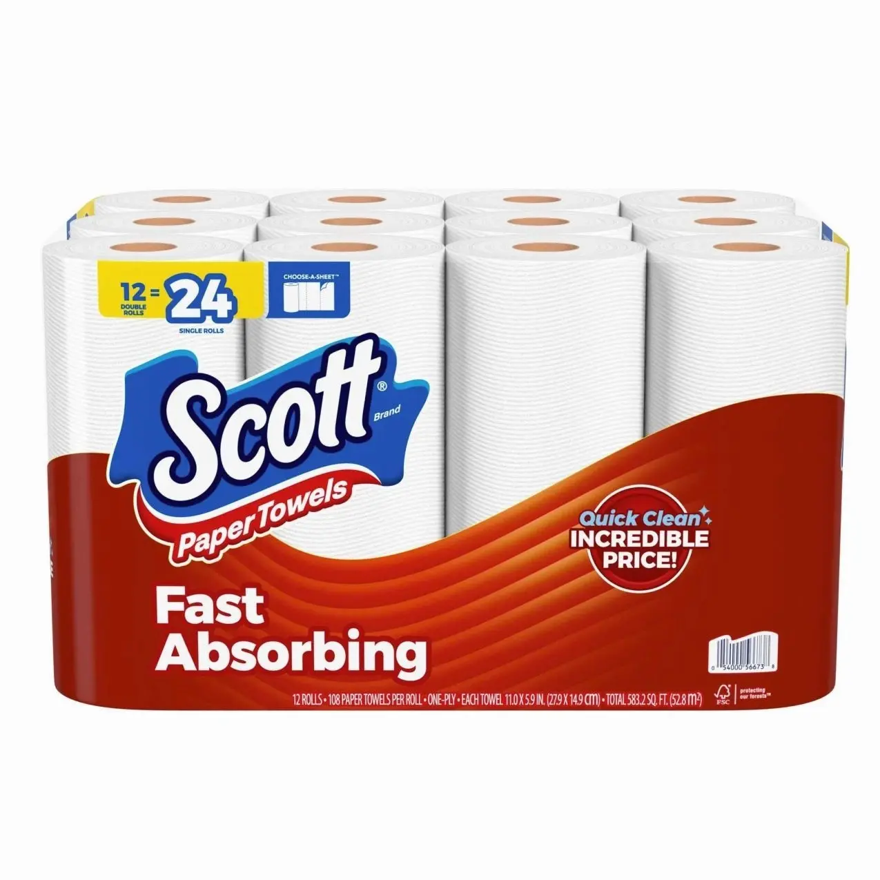 Scott Choose-A-Sheet Paper Towels, 6 Double Rolls, Strong & Absorbent Kitchen Paper Towels for Everyday Cleaning
