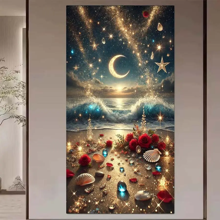 1pcs 5D DIY handmade diamond painting kit, 5D diamond art kit, DIY decoration, moon, rose, waves diamond painting kit full round diamond DIY, mosaic, diamond art, DIY art home decoration, suitable for Halloween and Christmas.