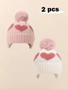 2pcs Baby Boys & Girls Newborn Toddler Pom-Pom Beanie, Cozy Knit Winter Warm Heart Design, Cute Babies Beanies Bonnet Hats for Kids