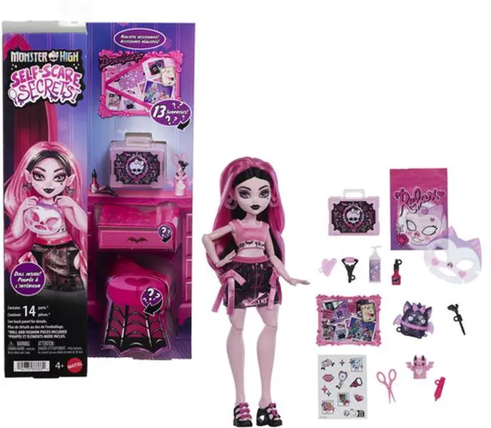 Monster High Self-Scare Secrets Articulated Draculaura Fashion Doll & Doll Outfit Accessories Single Set - Interactive Play Collectible Figurine with Beauty Products
