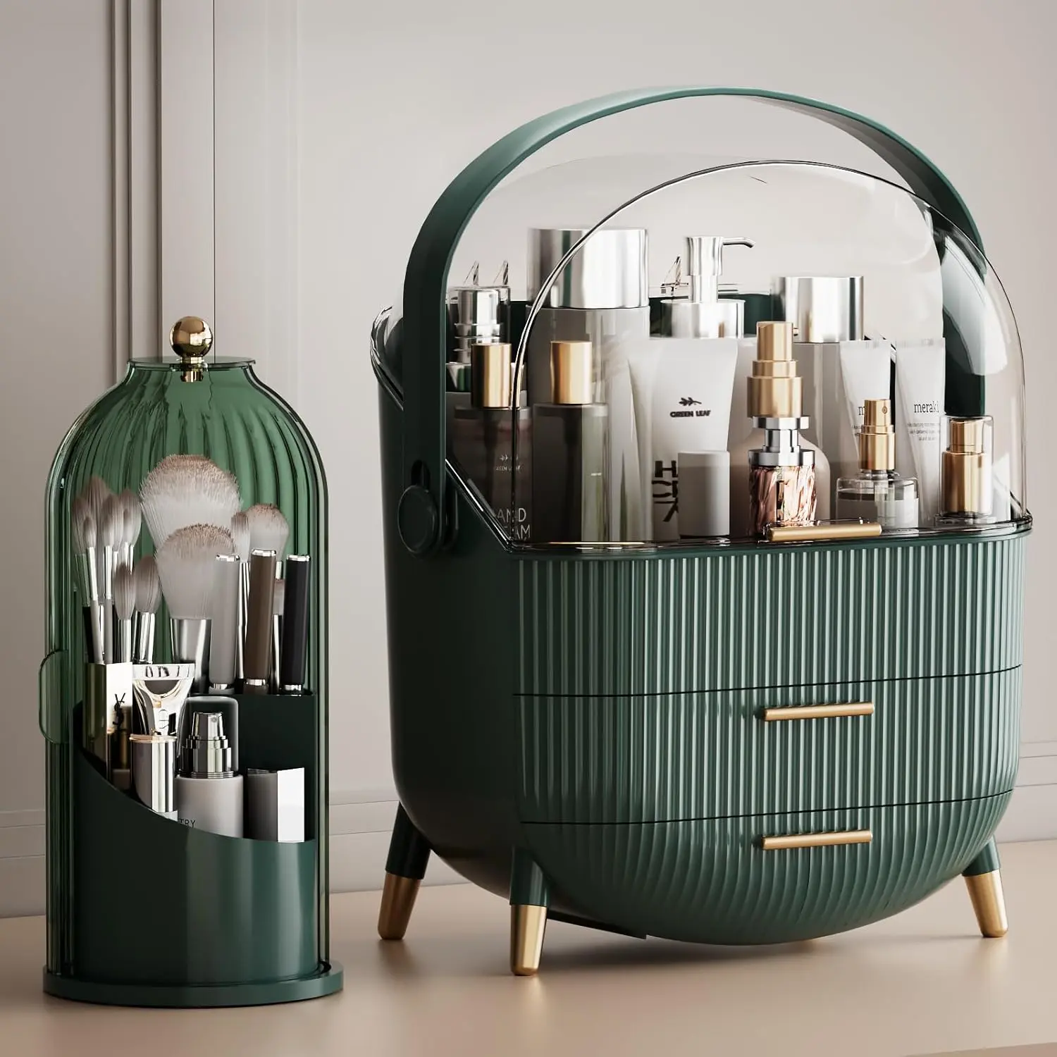 Green Cosmetic Storage Box with Lid, Drawers and Cover, Transparent Desktop Makeup Organizer for Vanity Countertop & Bathroom, Home Organizer with Brush Storage