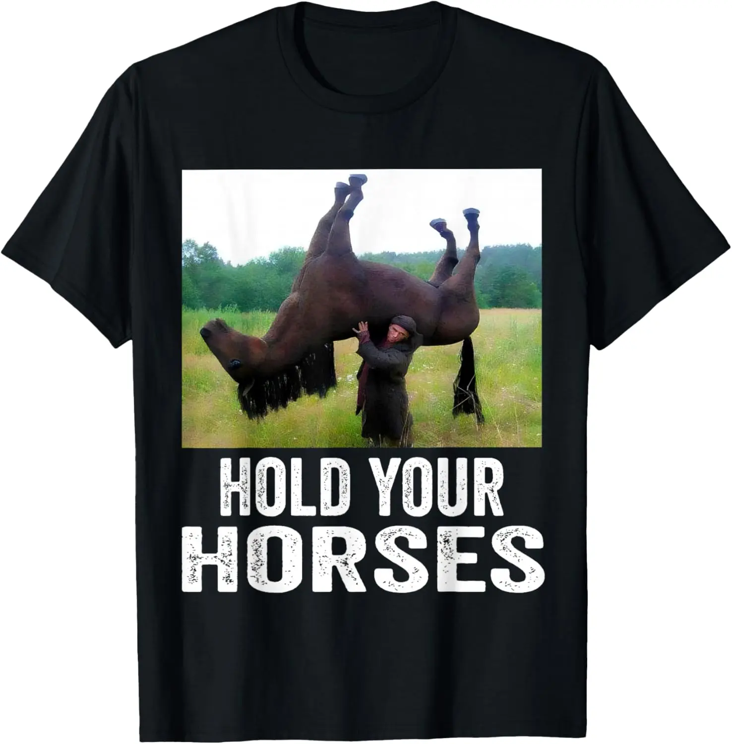 Men's Pure Cotton Round Neck Short Sleeves Graphic T-Shirt - Funny Horse Meme, Fitness-Friendly, Natural Fabric, Gifts for Men; Menswear Top
