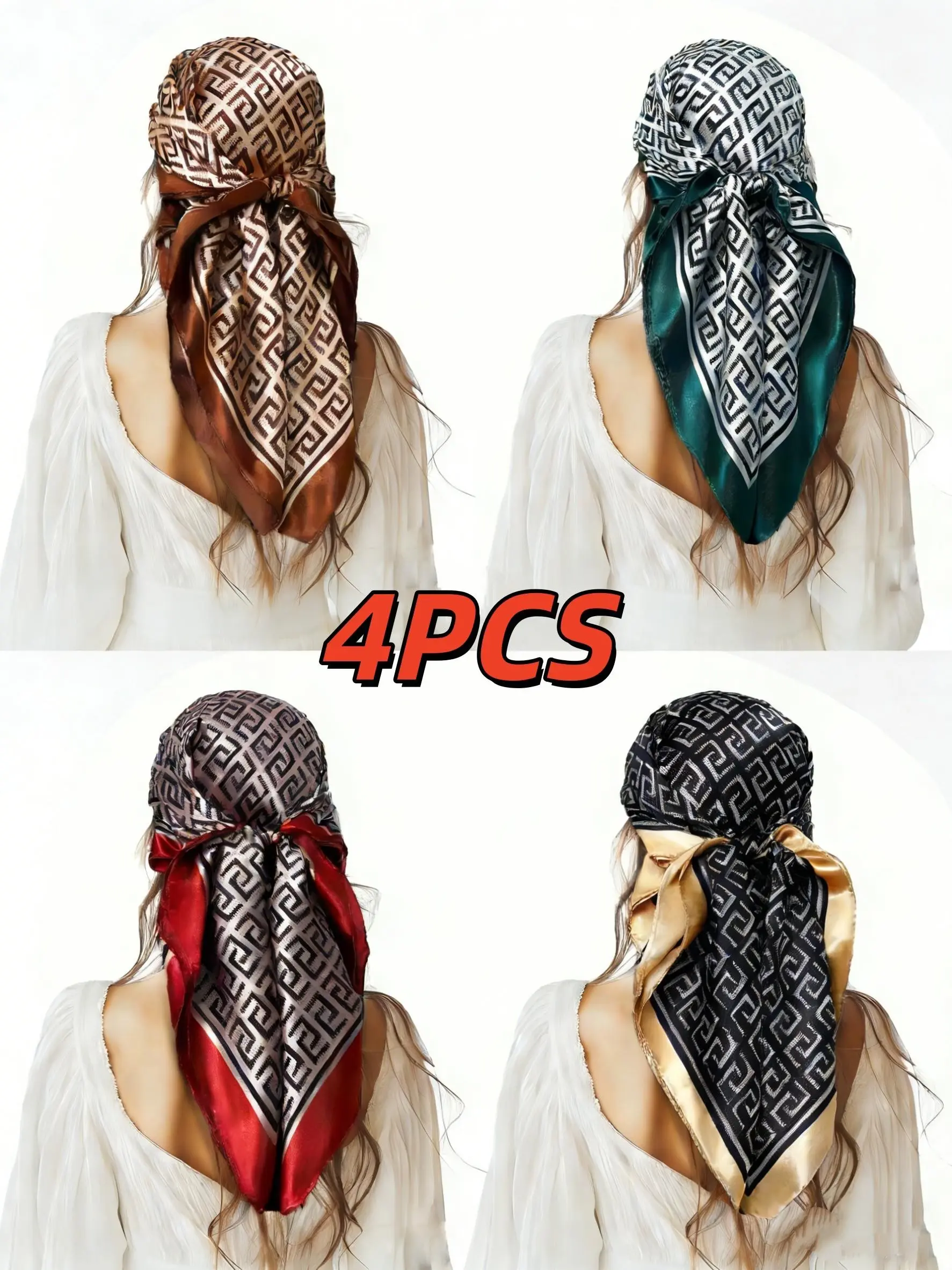 Set of 4 Geometric Print Scarves, Scarf Wrap, Versatile Headscarf, Thin Woven Fabric, Casual Fitted Style, All Season Use, European and American Fashion Accessories