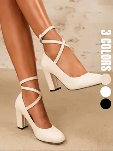 Women Elegant Classy Fashion Stylish Mary Jane High Heels, Comfortable All-Season Fabric, Ankle Strap Design, Perfect for Weddings & Formal Events, High Chunky Heel