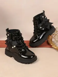 Girls' Shiny Anklet Boots with Bow Pearl Design, Anti-Slip Thick Sole, Side Zip Waterproof Fall Winter Boots, Princess Style Short Boots