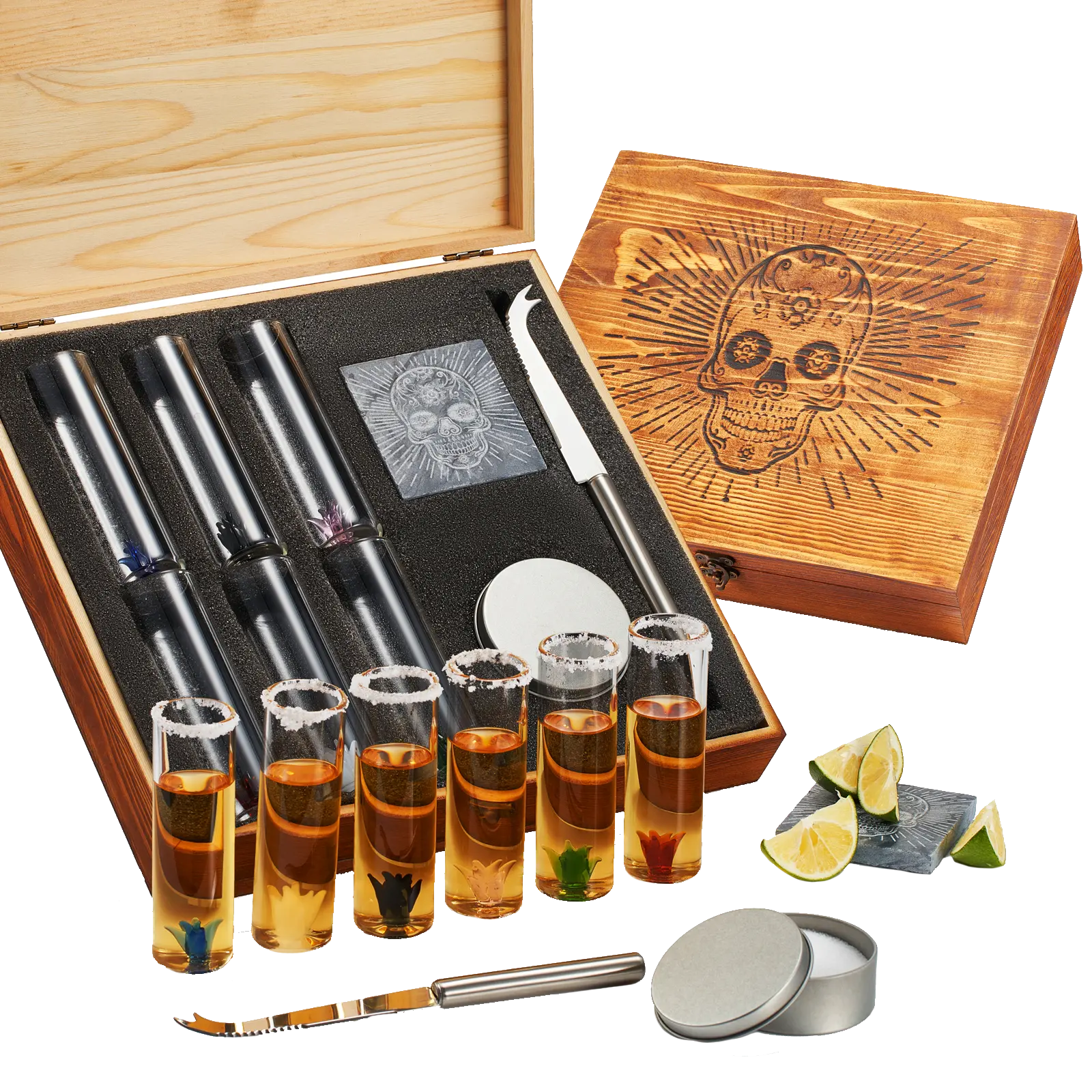 Tequila Shot Glass & Salt Gift Set for Men & Women | Six Agave Shot Glasses, Knife For Limes, One Skull Coaster, One Salt Tin | Skeleton Mahogany Wood Box Package For Tequila, Liquor Lovers
