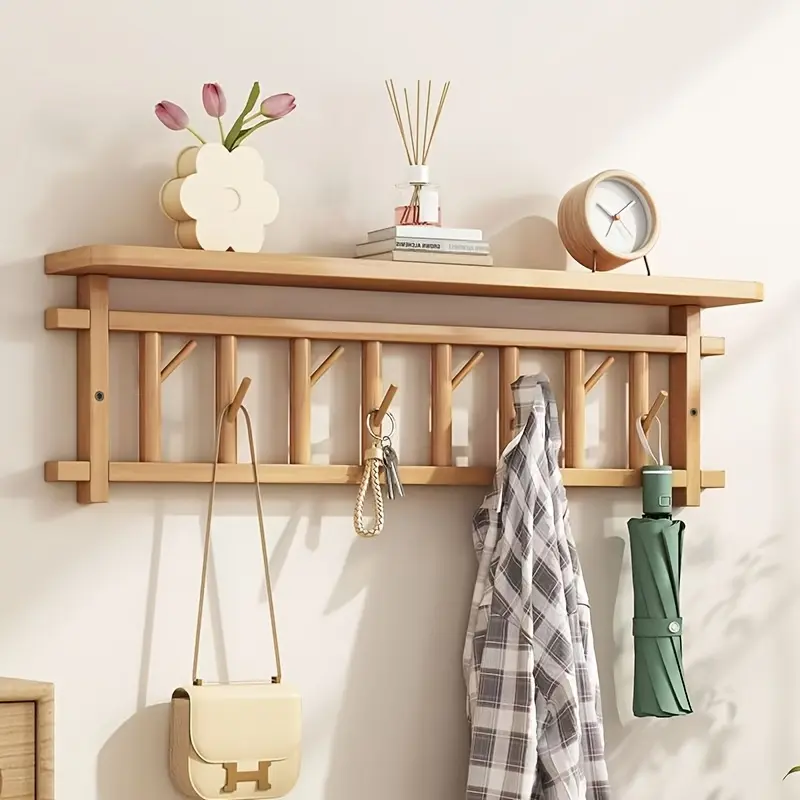 Wall Mounted Wooden Coat Rack with 8 Rotatable Hooks for Home Organization and Storage