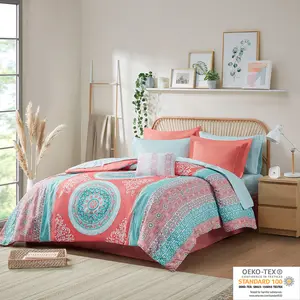 Boho Comforter Set with Bed Sheets Coral Aqua Medallion Design OEKO-TEX Certified Microfiber Soft Cozy Bedding