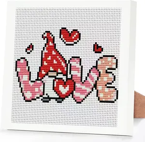 Gnome Cross Stitch Kits for Adults,Love Stamped Cross Stitch Embroidery Kit for Beginners with Framed,Partial 11CT Cross-Stitch Arts and Crafts for Adults 6.7x6.7inch