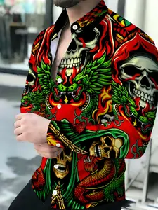 Men's Dark Skull Dragon Pattern Breathable Collared Long-Sleeve Cardigan