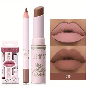 2-in-1 Matte Lipstick & Lipliner Makeup Set, 2 Pcs/Set Long-Lasting Waterproof Moisturizing Lip Makeup Kit with All Day Lipliner Pencils