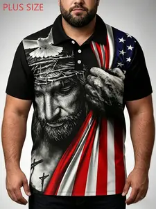 Large Size Men's Jesus American Flag Polo Shirt, Religious Print Short Sleeve Casual Top, Loose-Fitting Polo Shirt for Men