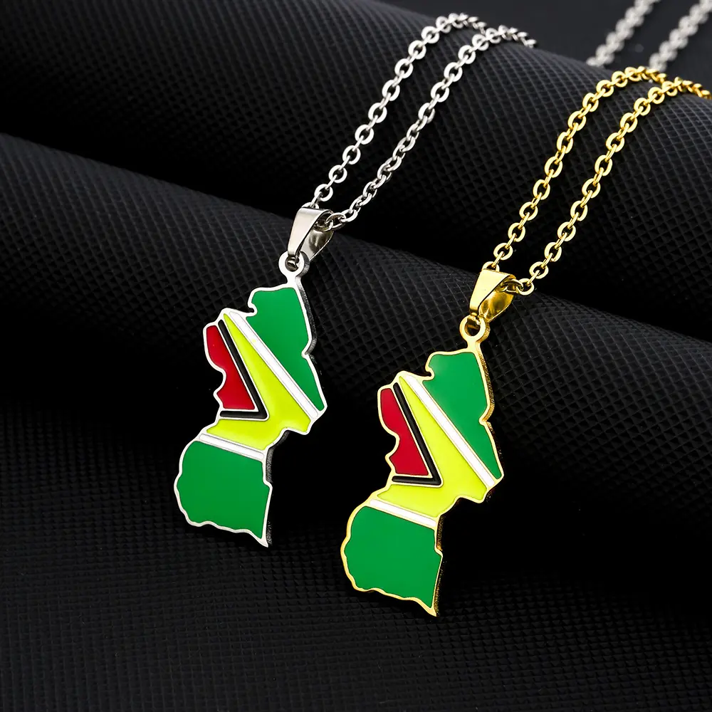 Unisex French Guiana Map Flag Pendant Necklace, Vintage Couple Artificial Gemstone Jewelry, Travel Souvenir Accessory, Flags Pendant Necklace