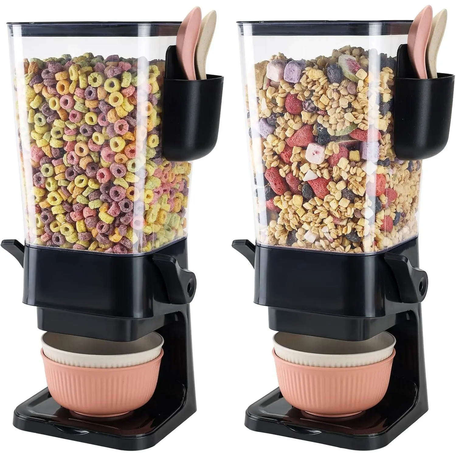 Dry Food Dispenser Set, Countertop Black 2-Pack Snack Organizer for Pantry Organization, 5.5 qt, Includes Bowls, Spoons & Cutlery Box, Kitchen Canister, Oats Containers, Grain Storage Container, Multipurpose Food Organizer, Cereal Dispenser, Dry Food Orga