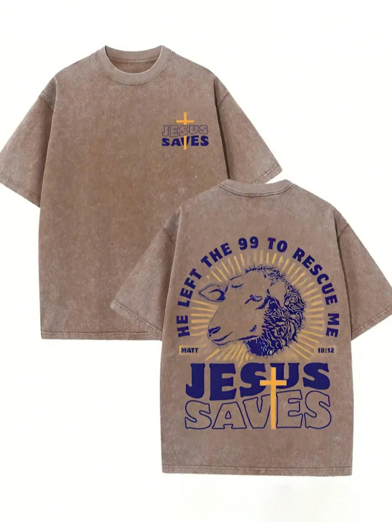 Men's Vintage Jesus T Shirt, 90s Street Style 'He Left 99 To Save Me' Graphic Tee, Heavyweight 230g Washed Cotton Festive Top, Jesus T Shirts, Fitted Cut, Heavy Cotton, Round Neck, Figure, Figurative Print, Streetwear, Shortsleeve, Casual