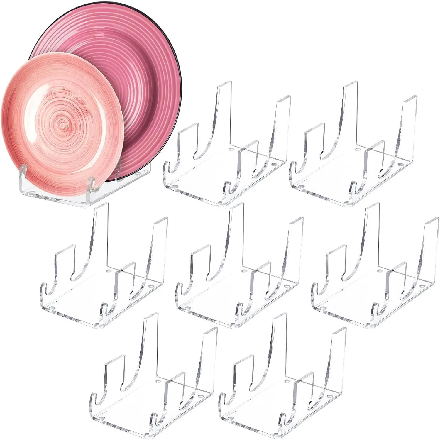 8 count 2 Tier   Plate Display Stands Clear Dinnerware Easel Display Stand  Platters Setting Plate Racks for Kitchenware Plates Cabinet Organizer