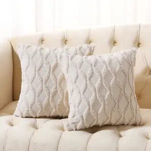 Pack of 2 Faux Wool Throw Pillow Covers 20x20 Inches Decorative Farmhouse Velvet Couch Pillow Case Soft Plush Square Boho Cushion Pillowcase, Embroidery, Geometric, Home