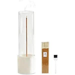 Incense Holder, Ceramic Incense Holder for Sticks with Glass Ash Catcher, Anti-ash Incense Burner with 20 Incense Sticks and a Ash Brush for Meditation Yoga Spa Room Decor