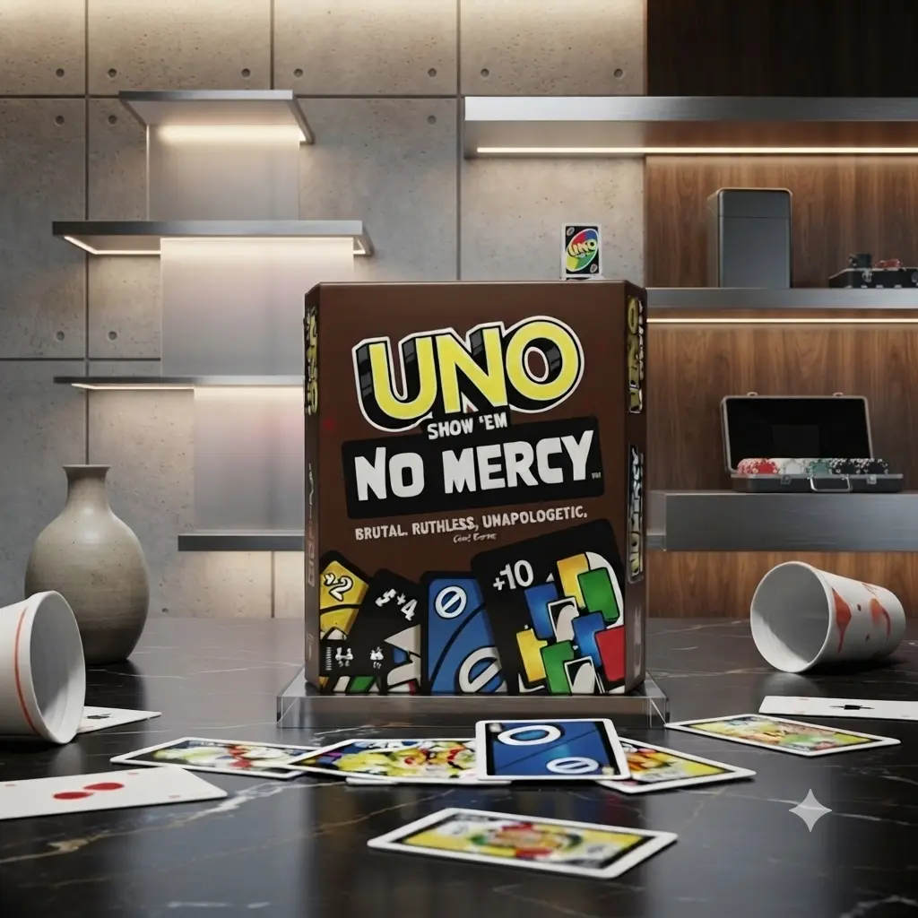 UNO Show 'Em No Mercy Card Game – The Ultimate Family Party Game. Take classic UNO to the next level with intense action cards, wild challenges, +10 penalty cards, and unpredictable gameplay. Perfect for family game nights, parties, friends, holidays.