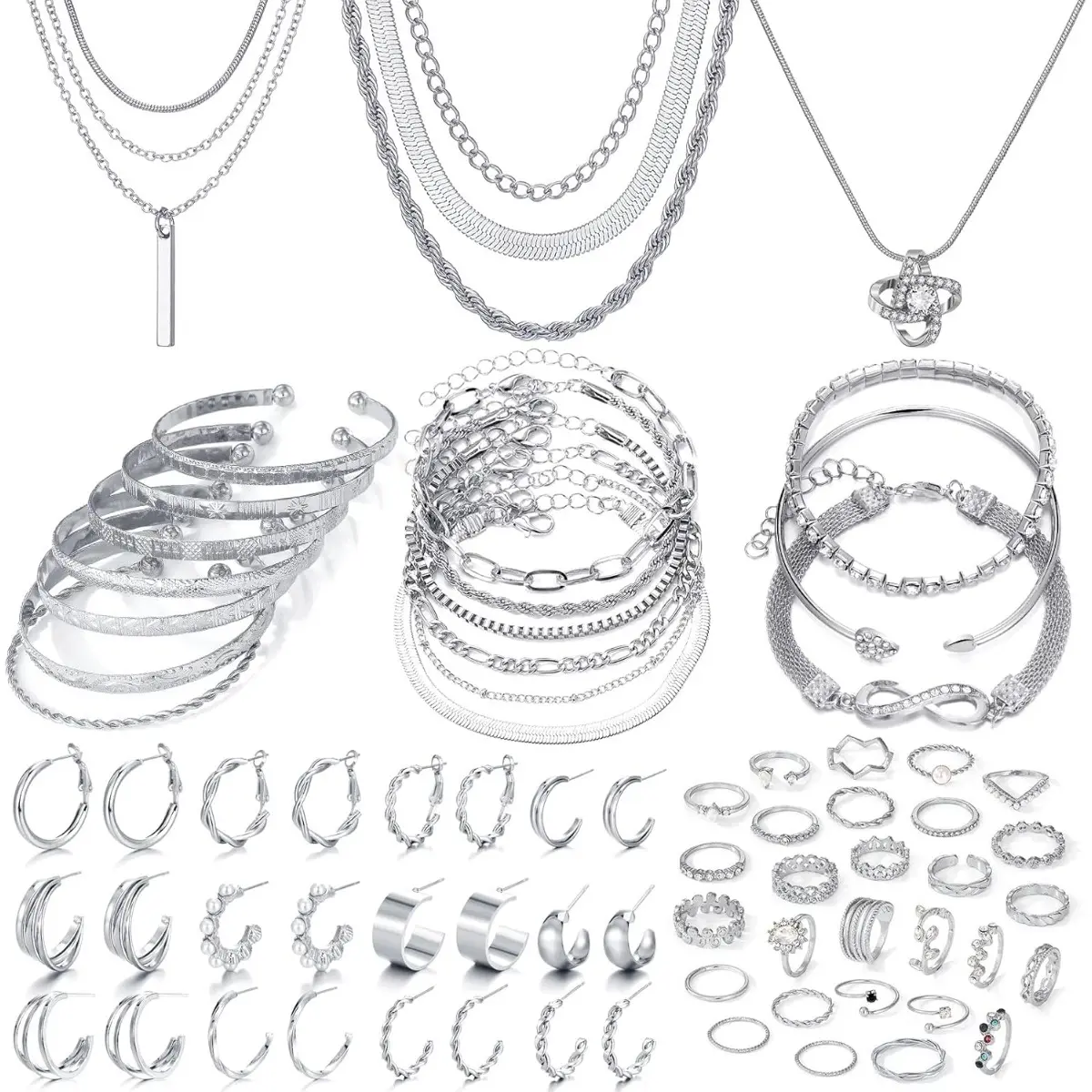 Women's Gold-Toned Minimalist Chic Fashion Jewelry Set - 28/59-Piece Classic Collection with Necklaces, Bracelets, Earrings, Rings, Multi-Size Matching Pairs, Arm Candy for Daily Wear, Parties, Couples Gifts, Valentines Day Accessories for Women