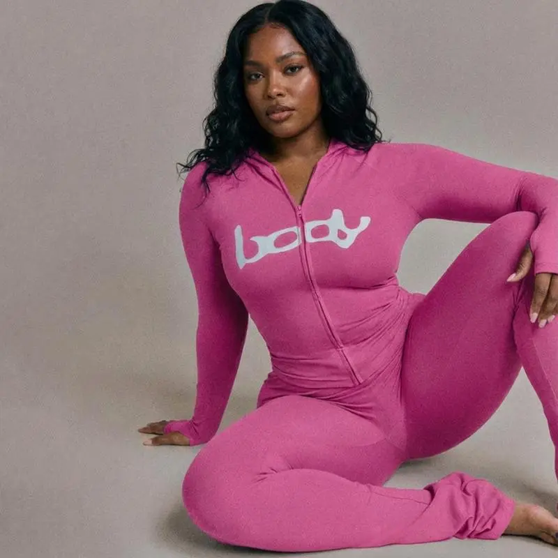 Sculpt Touch Fall Winter Hooded Two-Piece Set – Graphic Print Zipper Jacket & Pants, Sporty Matching Outfit
