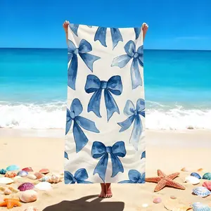 1 Pc "Elegant Blue Bow Design Beach Towel - Stylish Beach Blanket with Bow Print for Beach & Pool - Ideal Large Size Swimming Towel in Blue for Seaside Relaxation"