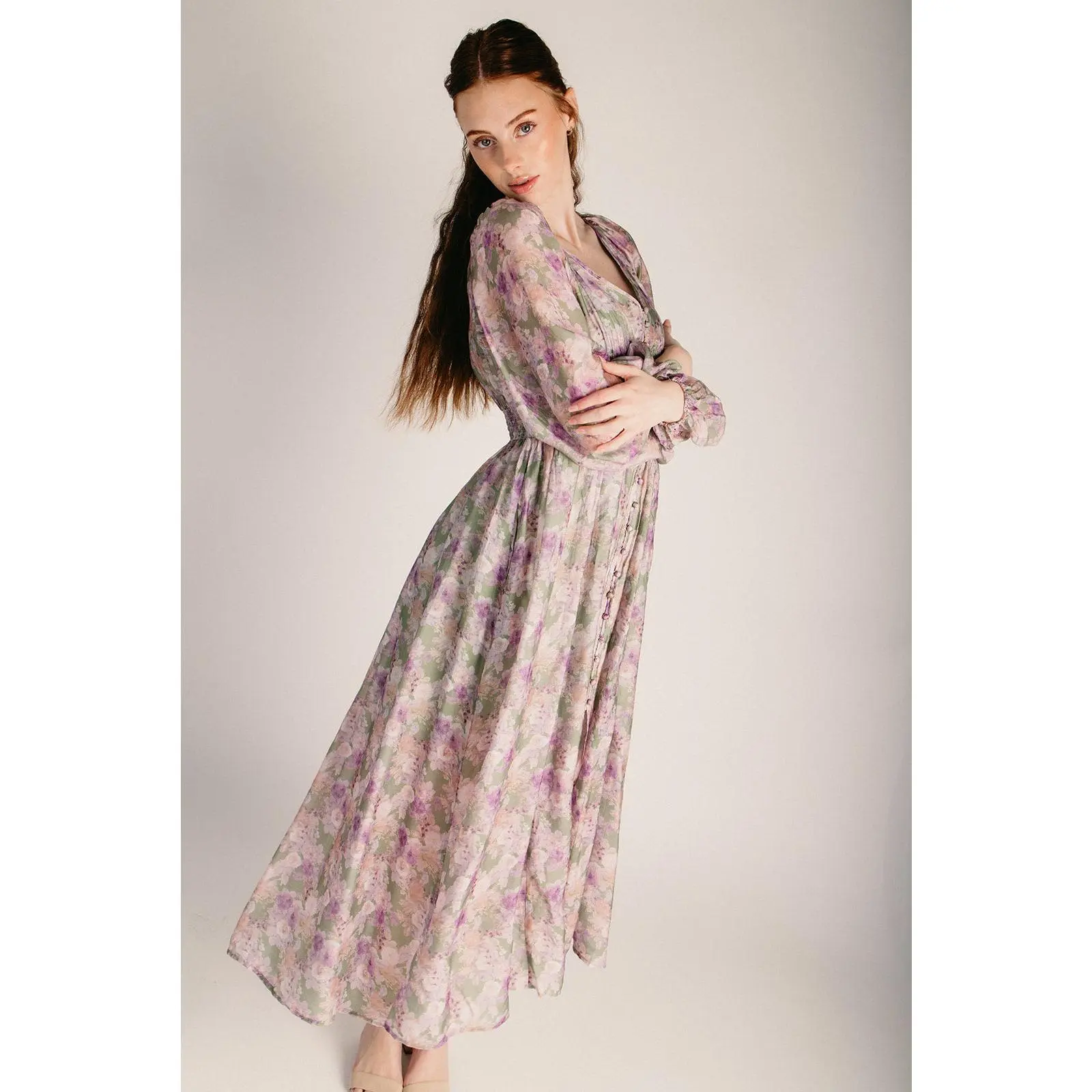 The Tiller Floral Smocked Maxi Dress in Eucalyptus