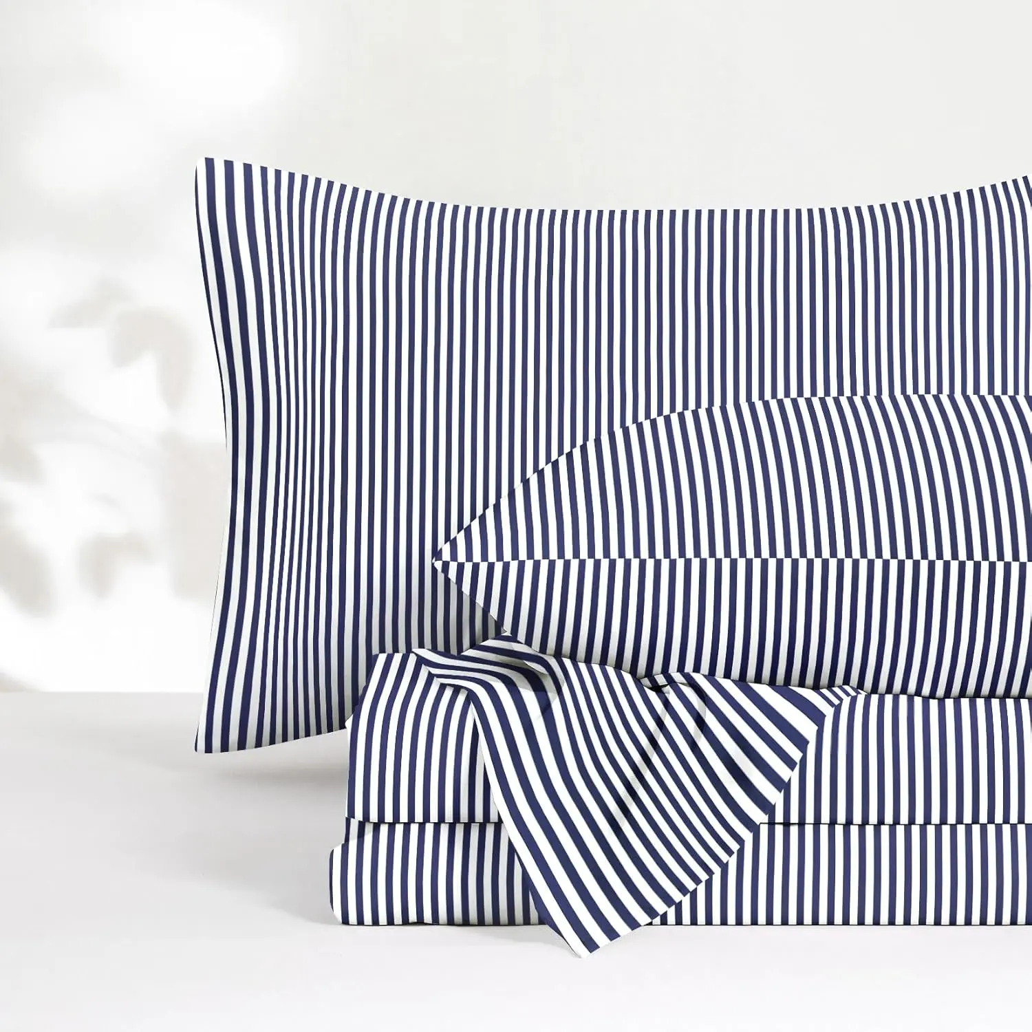 - Striped Bed Sheets, 4- Sheet Set, Tickg Vertical P Stripe Modern Farmhouse  Prted Beddg, Deep Pocket, Navy Blue White,  Size