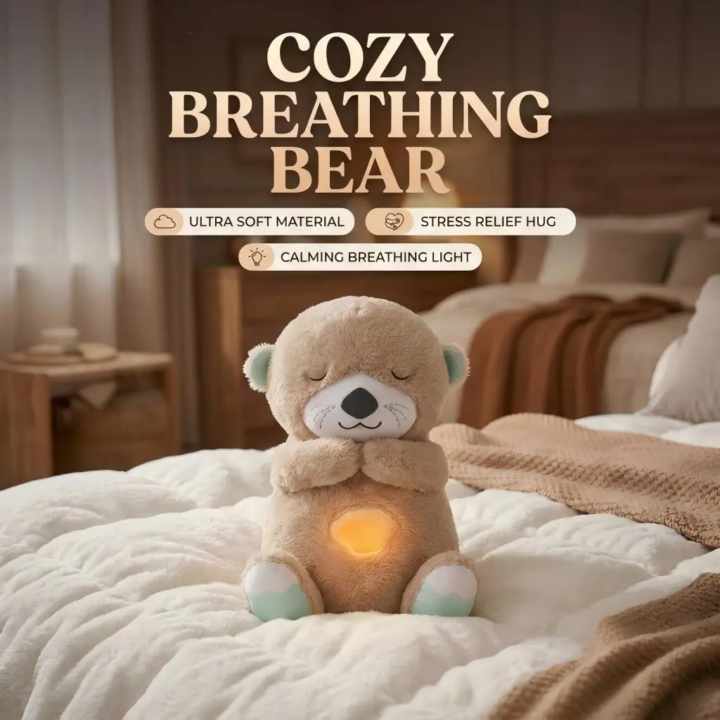 （*The switch is on the right foot.）Sound Machine Breathing Otter Plush Toy with Rhythmic Movements & Music for Baby Sleep - Gentle Hug & Four Gear Adjustment for Soothing & Relaxation