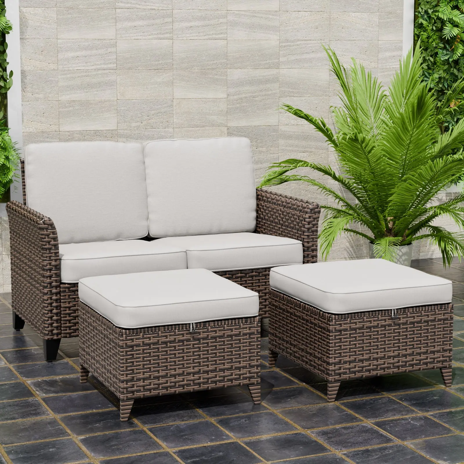 Ocean Vista Outdoor Wicker Loveseat Sofa with 2 Ottomans, Set of 3