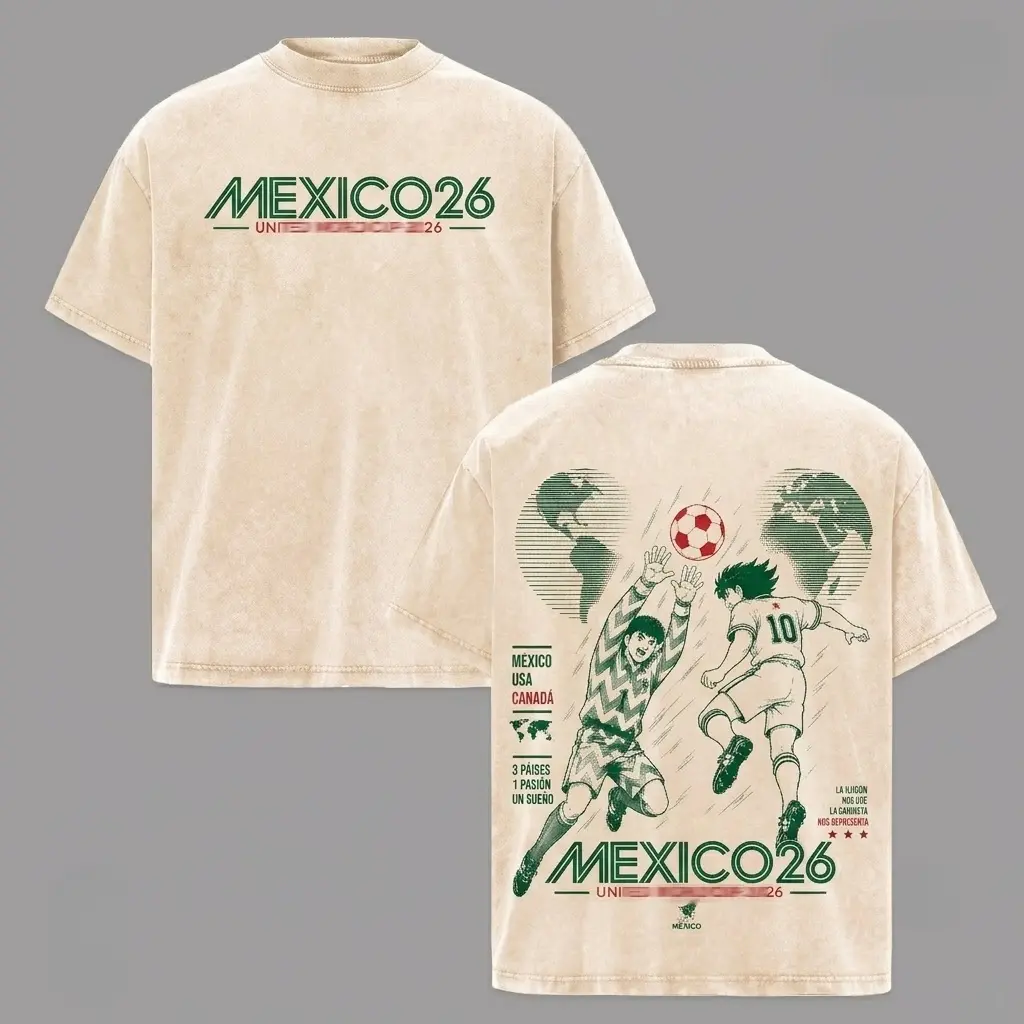 Men's Short-Sleeve Classic Ribbed 2026 Mexico World Football Tour Vintage Washed Anime Graphic Tshirt, Oversized Heavyweight Cotton Streetwear, Mens Gifts Fan Apparel, Shortsleeve, Seamless, Soft, Fabric, Relaxed Fit