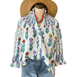 Women's Bohemian Floral Print Button-Up Blouse - Ruffled Collar, Flutter Long Sleeves, Regular Fit Polyester Top, Machine Washable Blue Casual Boho Outfits for Autumn Winter