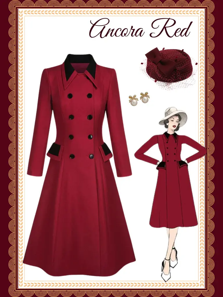 RETRO STAGE Women's 1950s Red Double-Breasted Fitted Cut Trench Coat, Polyester Below-the-Knee Outerwear, Button