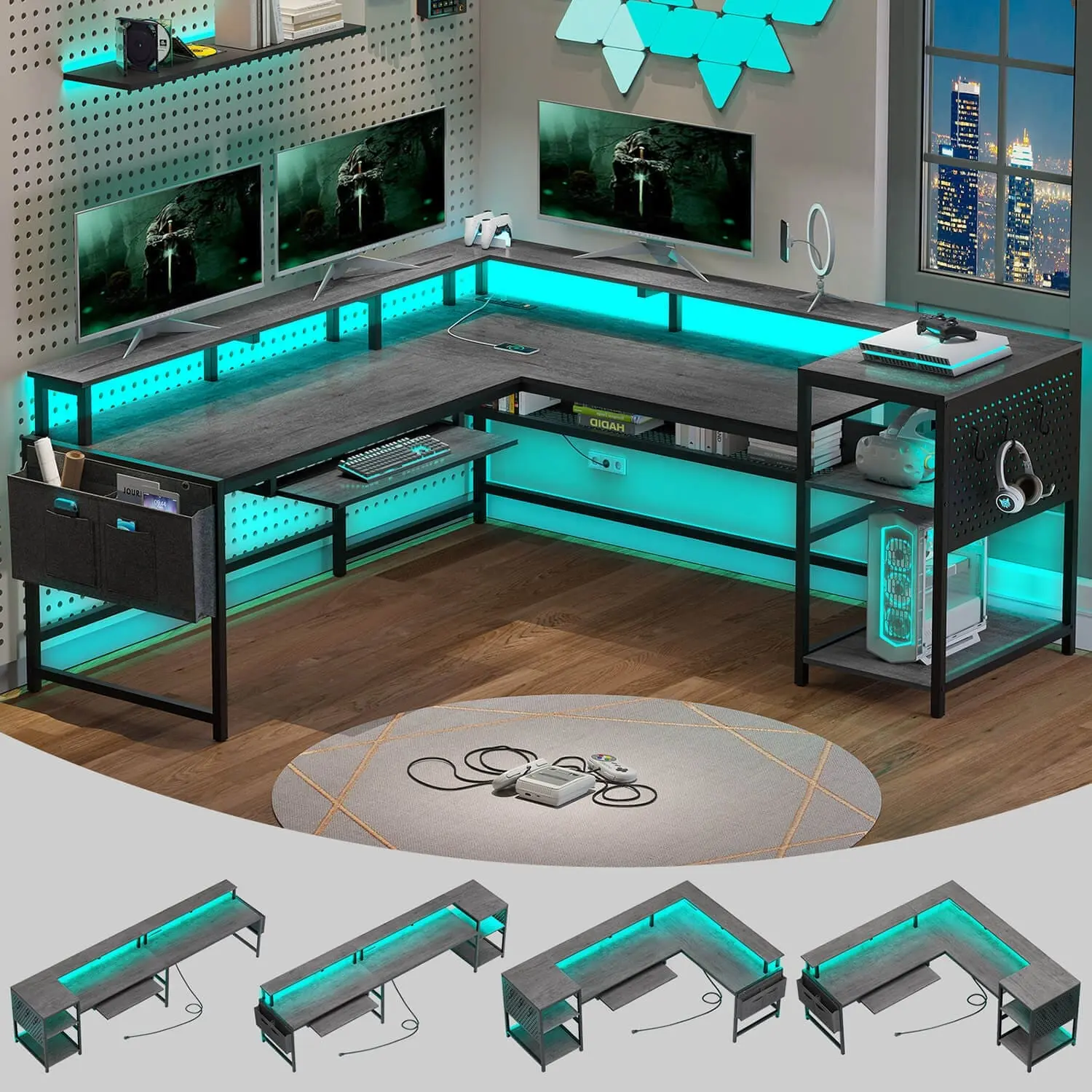 Sikaic L Shaped Gaming Desk with LED Lights, 96 Inch Reversible Corner Computer Desk with Power Outlets for Home Office and Gaming Setup