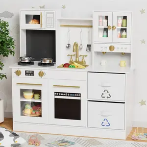 Arlopu Wooden Pretend Kids Play Kitchen, Toodler Cooking Playset, Stove w/Light & Sound, Sink, Microwave, 2 Fabric Boxs, Dishwasher