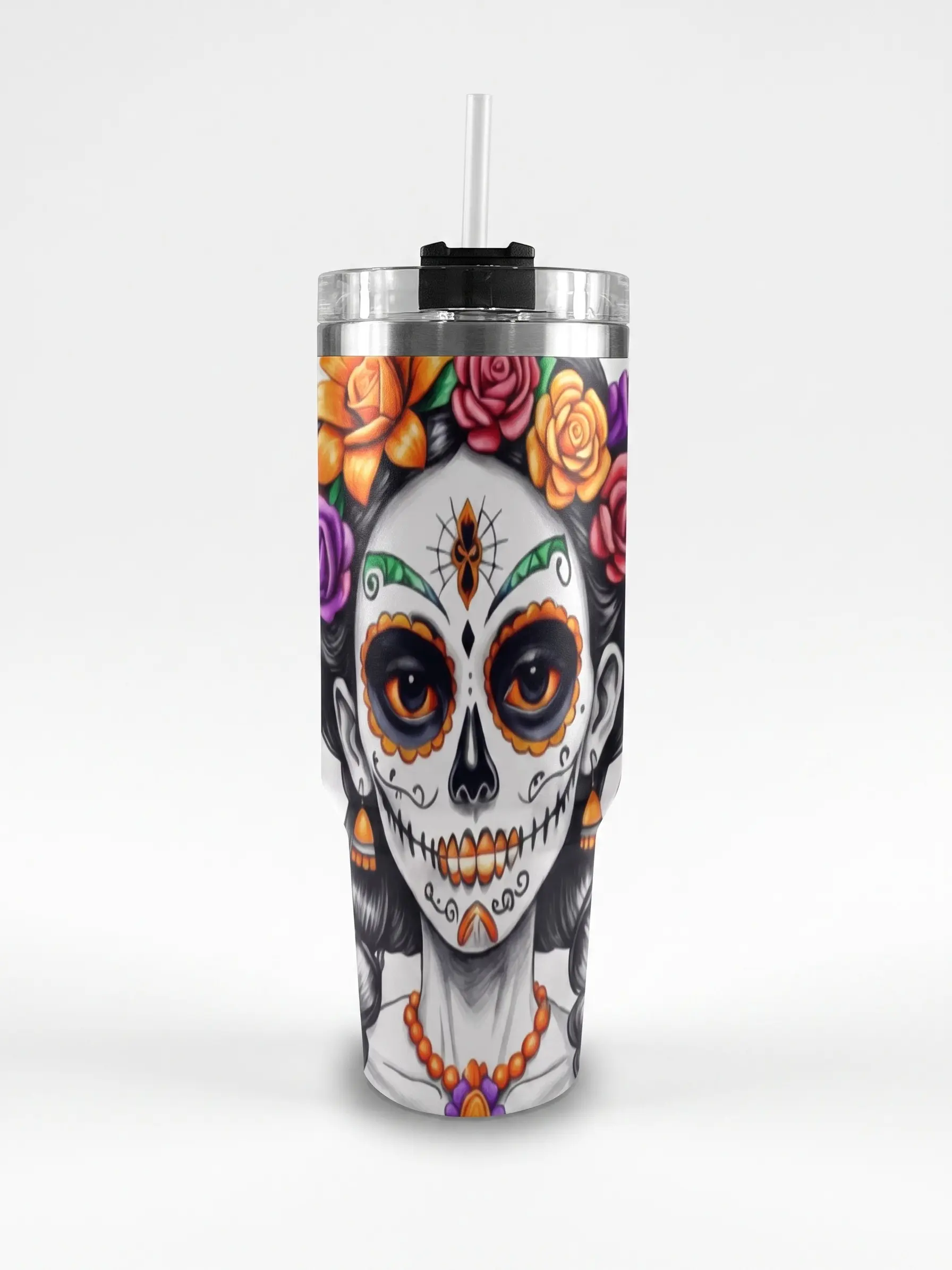 Sugar Skull Woman 40oz Tumbler with Handle, Floral Calavera Stainless Steel Travel Mug, Mexican Gothic Insulated Coffee Cup, Skeleton Lady Drinkware