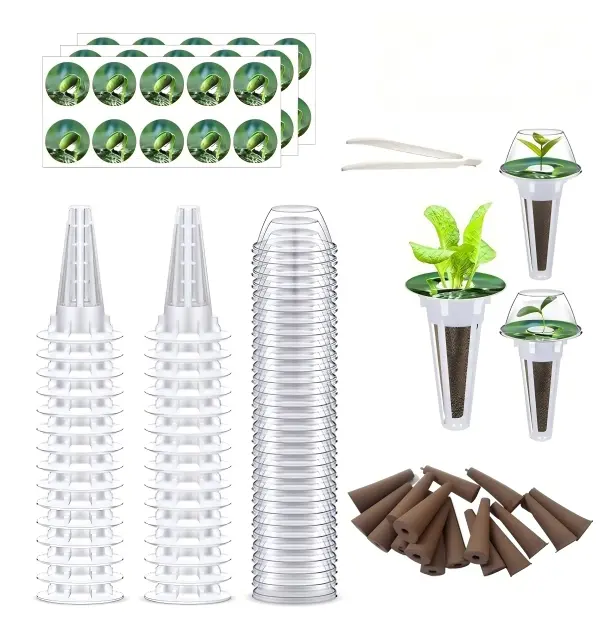 121Pcs Reusable Hydroponic Garden Planting Aid Pods Set - Square Safe Plastic Containers, Label Stays On, Lids, 0.5" Sponge Inserts, Messfree Tweezers, Hydro System Fit Organizer Kit for Home Indoor Planting