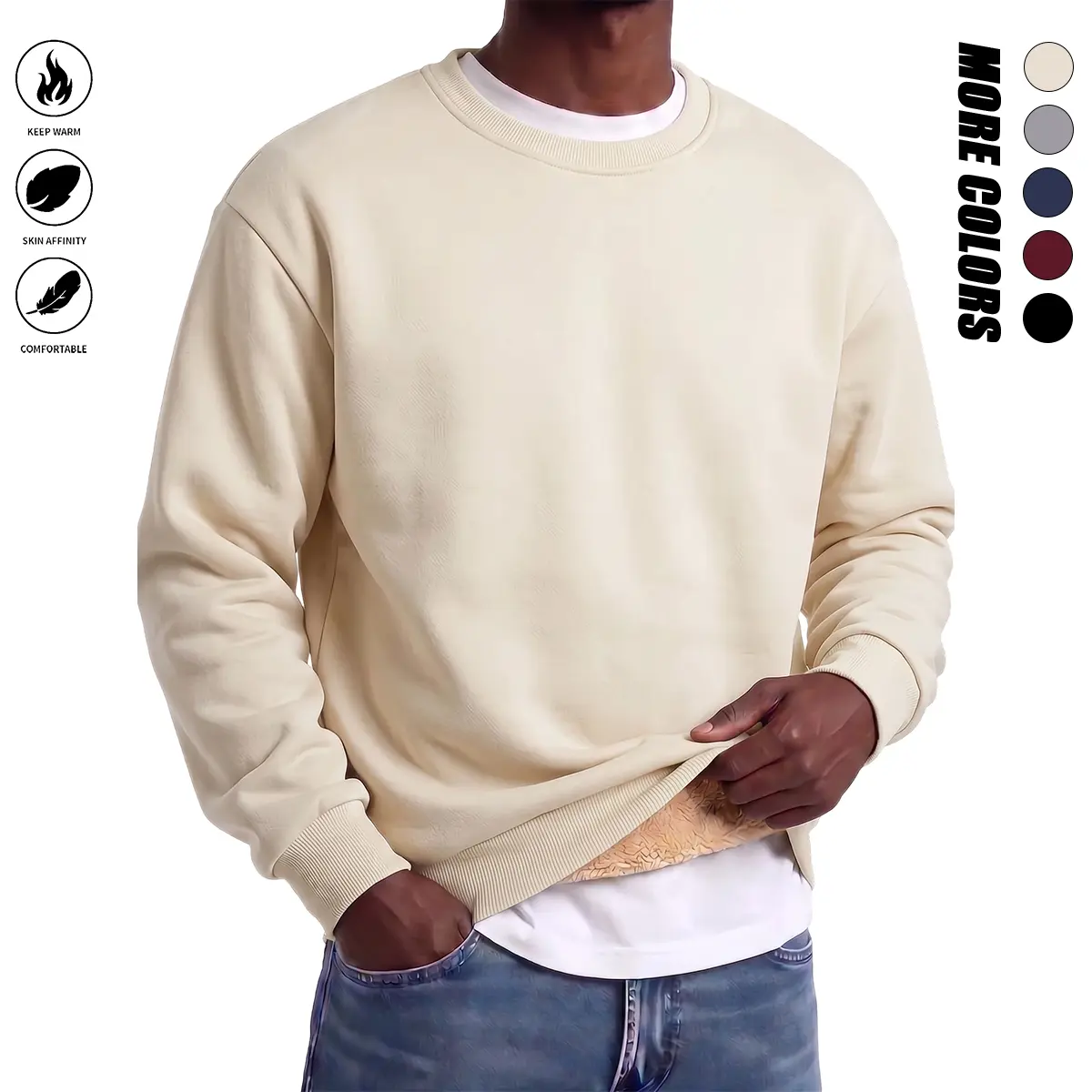 Men's Crewneck Sweatshirt, Fleece Lined Inside, Soft & Warm, Relaxed Fit, Solid Colors, Ribbed Cuffs & Hem, for Daily Wear, Lounging & Layering – Cozy & Casual