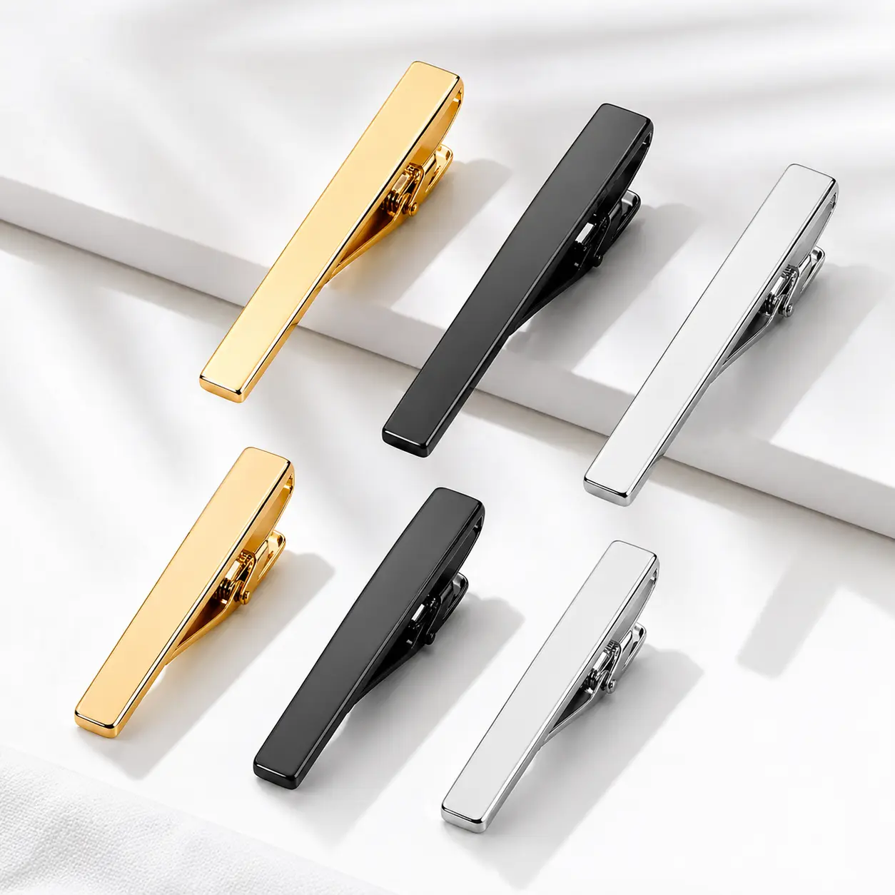 Viaky Male 6-Piece Classic Brass-Nickel Gold Triple-Layer Plating Process Tie Clip Tool Set - 3-Tone Solid Colors, Hypoallergenic, Anti-Slip Teeth, Durable Pinch Clips, Ready-To-Use Solution, Cost-Effective Jewelry Accessory for Wedding, Business