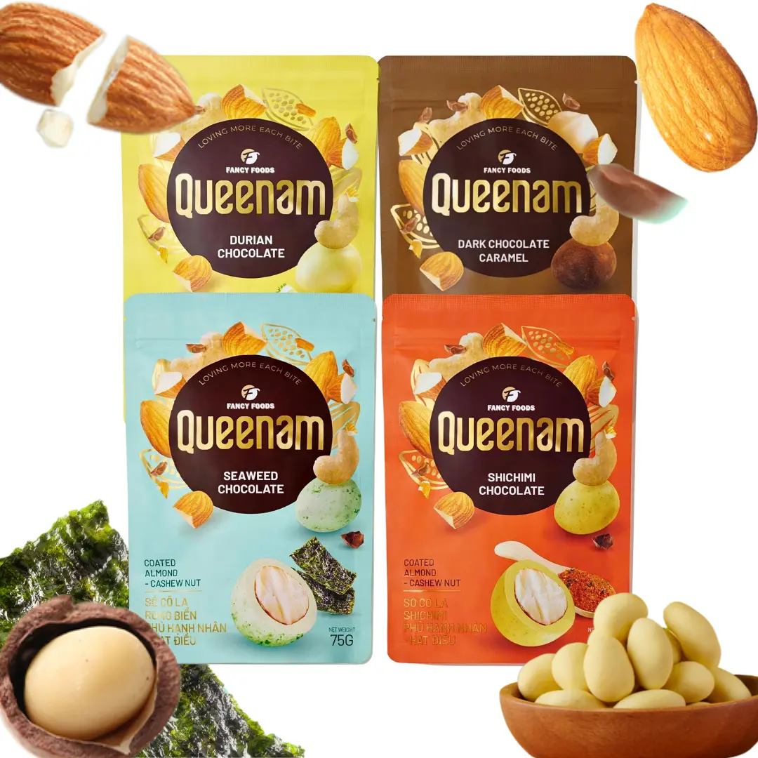 Queenam Mixed Chocolate Nuts - 4-Flavor 75g Premium Rich & Luxurious Chocolate Snack, Vietnamese Traditional, No Preservatives, Authentic Flavors, Elegant Gift Packaging, Perfect Gift, Rich Chocolate