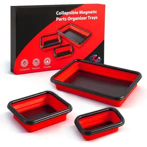 Collapsible   Tray Set with Extra   Up to 18LB, 3 Different Size  Foldable Tool for Organizing Screw  Nuts Washers Pins and Other Small Metal  - Red