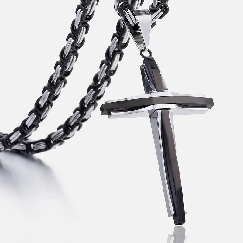 18-30" Mens Black Stainless Steel Cross Pendant Necklace Byzantine Box Chain Necklaces Fashion Men Jewelry