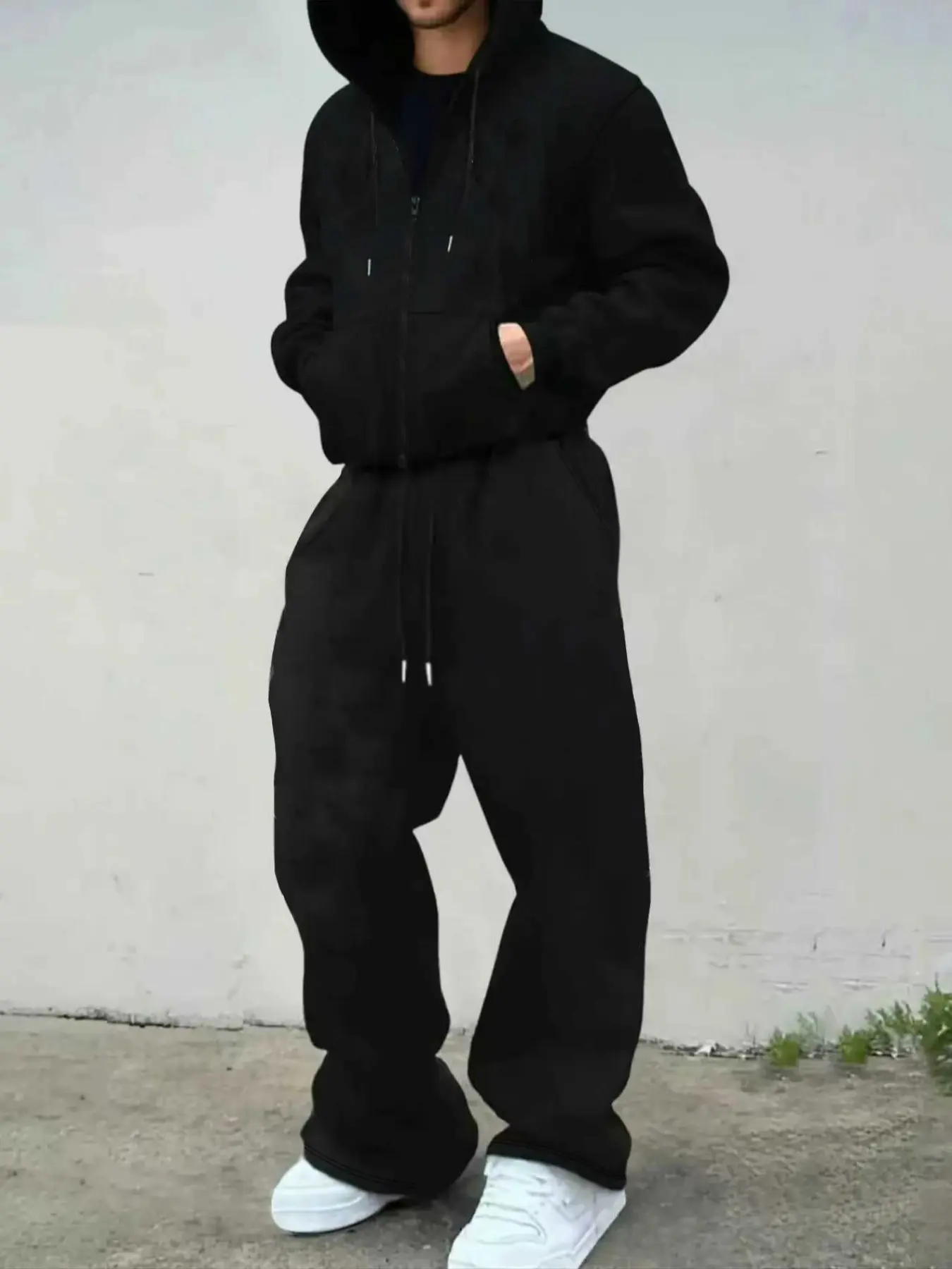 Men's Fall & Winter 2-Piece Set, Loose-Fit Zip Hoodie + Drawstring Casual Sports Pants, Letter Pattern, Athleisure Activewear Set, Athleisure Activewear Clothing