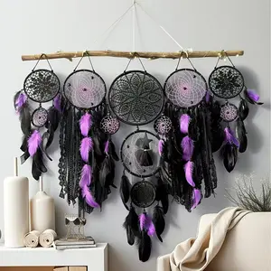 Large Bohemian Dreamcatcher Wall Hanging – Handmade Metal Frame with Feathers (Purple)