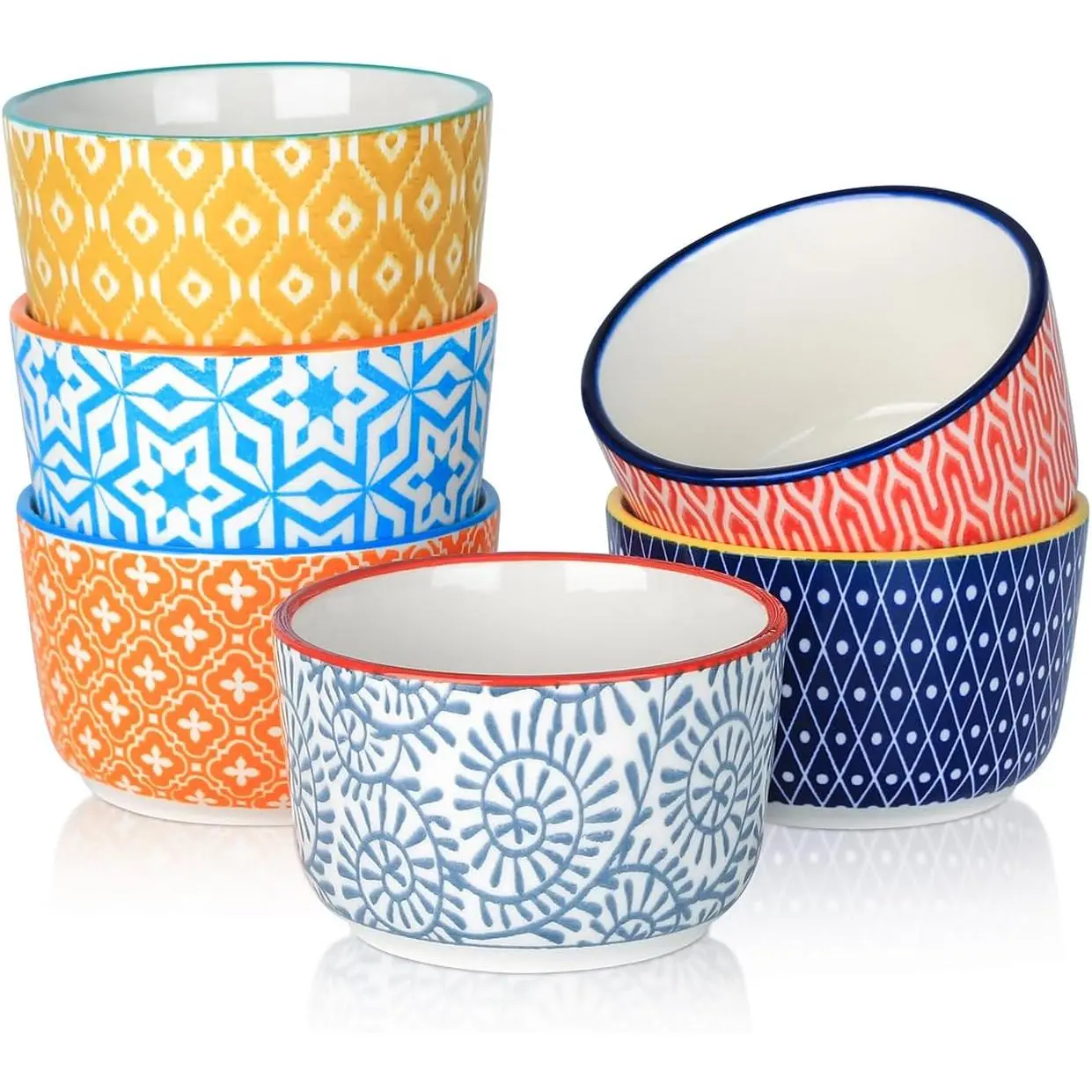 6-Piece Assorted Color Ceramic Ramekin Bowls - 6 Oz, Sturdy, Lightweight, Oven-Safe Tableware for Baking Desserts, Serving Custard